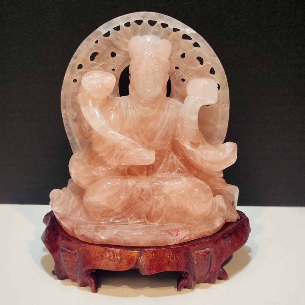 Chinese Carved Rose Quartz "Guan Yin" Bodhisattva of Compassion Statue W/Stand